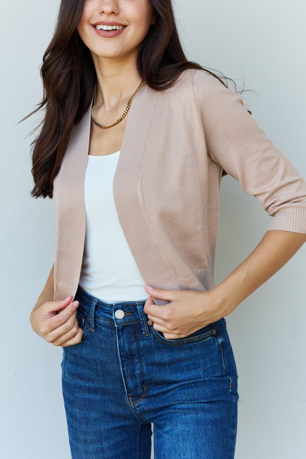 Doublju My Favorite Full Size 3/4 Sleeve Cropped Cardigan in Khaki - UrbanEthereal