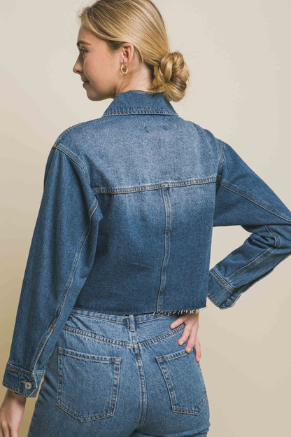 Love Tree Raw Hem Button Up Cropped Denim Jacket - UrbanEthereal