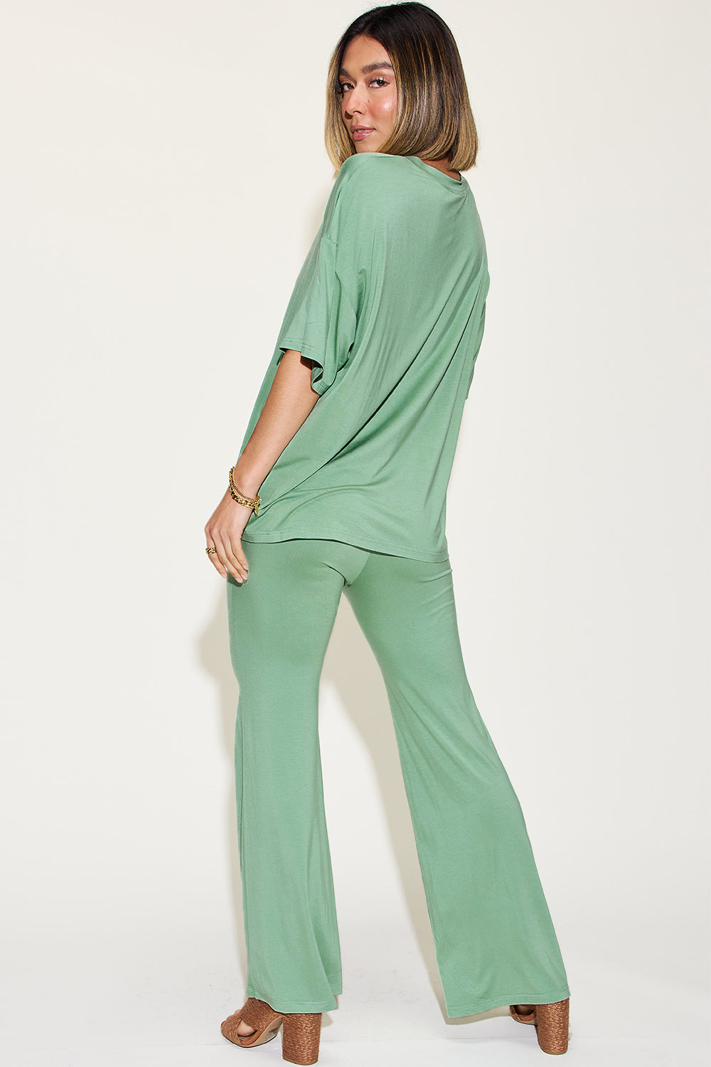 Basic Bae Full Size Bamboo Drop Shoulder T-Shirt and Flare Pants Set - UrbanEthereal