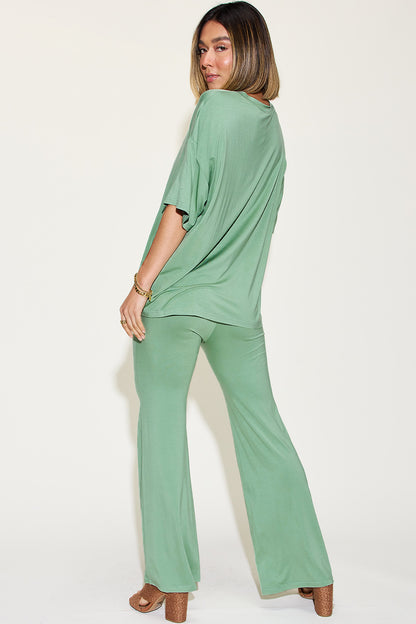 Basic Bae Full Size Bamboo Drop Shoulder T-Shirt and Flare Pants Set - UrbanEthereal
