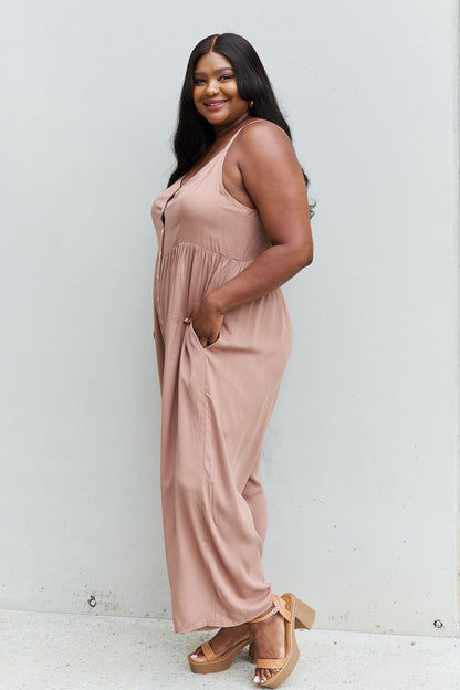 HEYSON All Day Full Size Wide Leg Button Down Jumpsuit in Mocha - UrbanEthereal