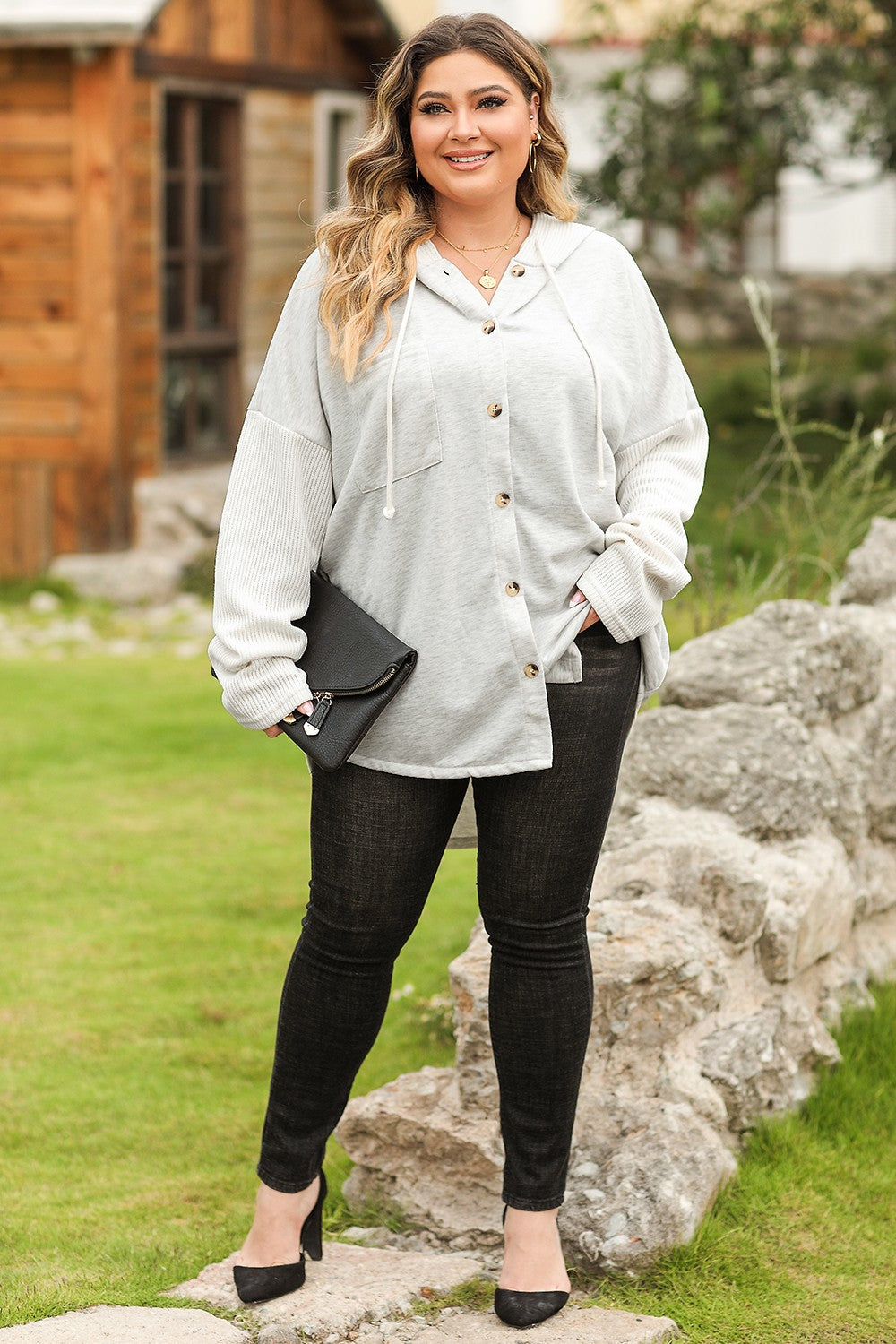 Plus Size Button Up Drawstring Long Sleeve Hoodie - UrbanEthereal