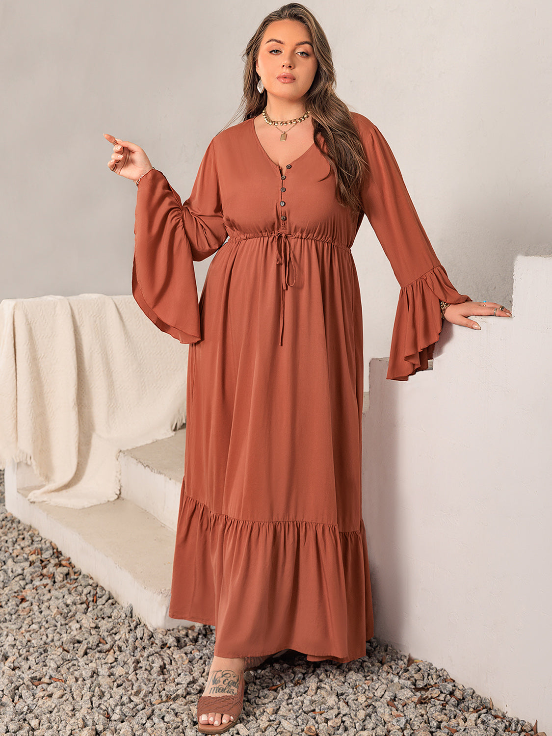 Plus Size V-Neck Flare Sleeve Maxi Dress - UrbanEthereal