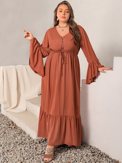Plus Size V-Neck Flare Sleeve Maxi Dress - UrbanEthereal