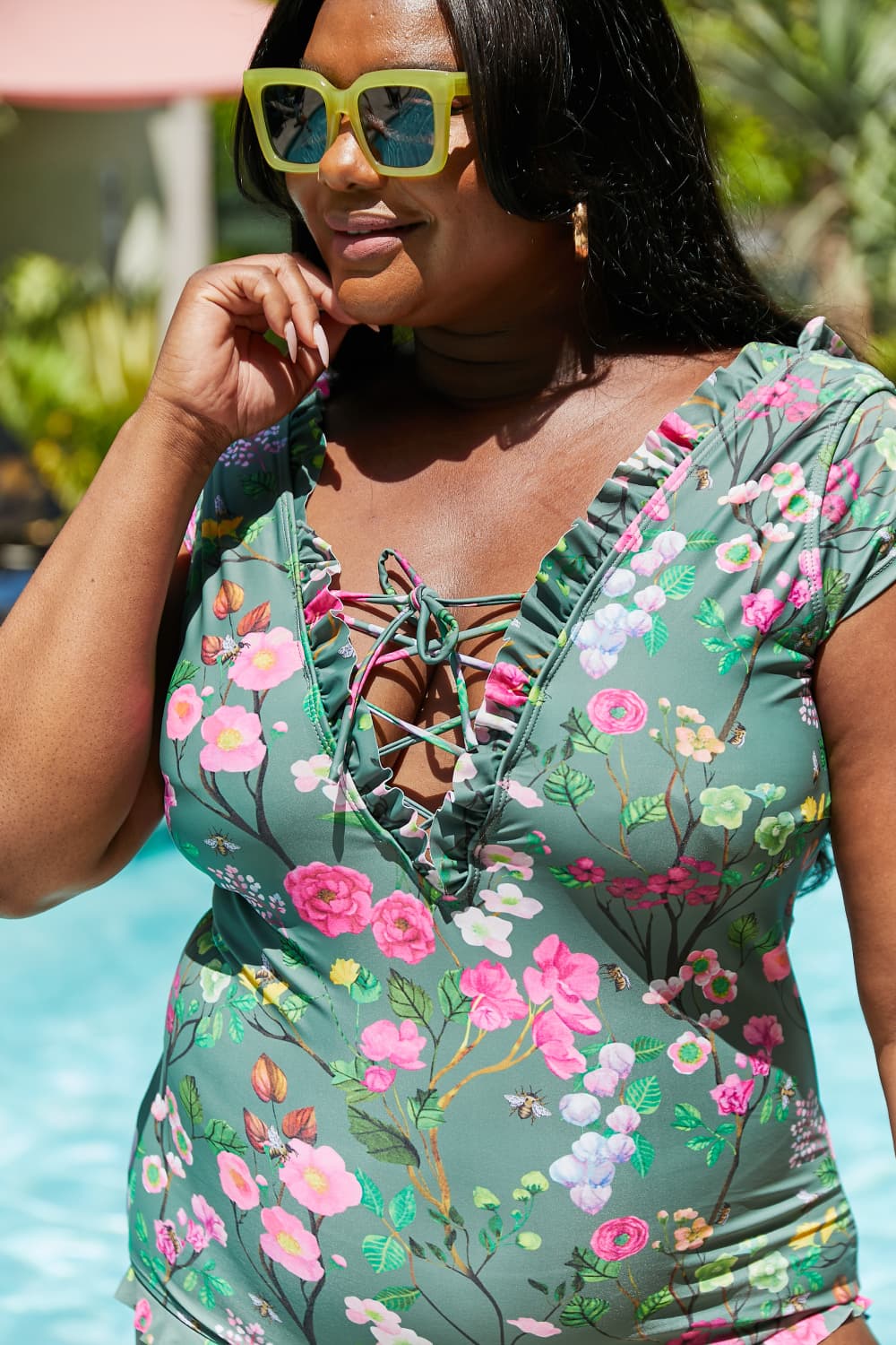 Marina West Swim Bring Me Flowers V-Neck One Piece Swimsuit In Sage - UrbanEthereal
