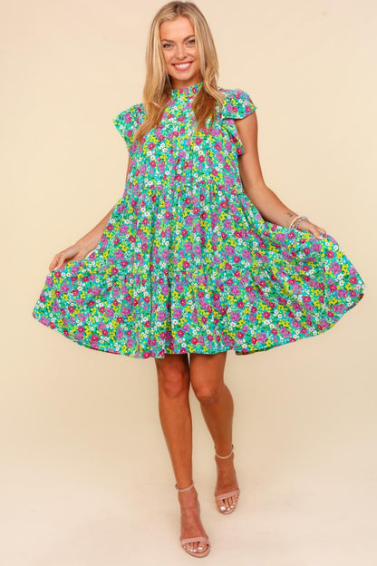 Haptics Frilled Mock Neck Ditsy Floral Dress - UrbanEthereal