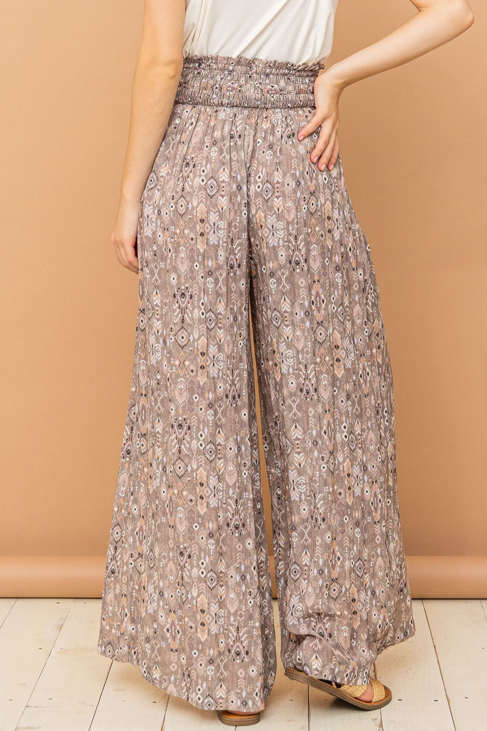 And The Why Printed Smocked Waist Slit Wide Leg Pants - UrbanEthereal