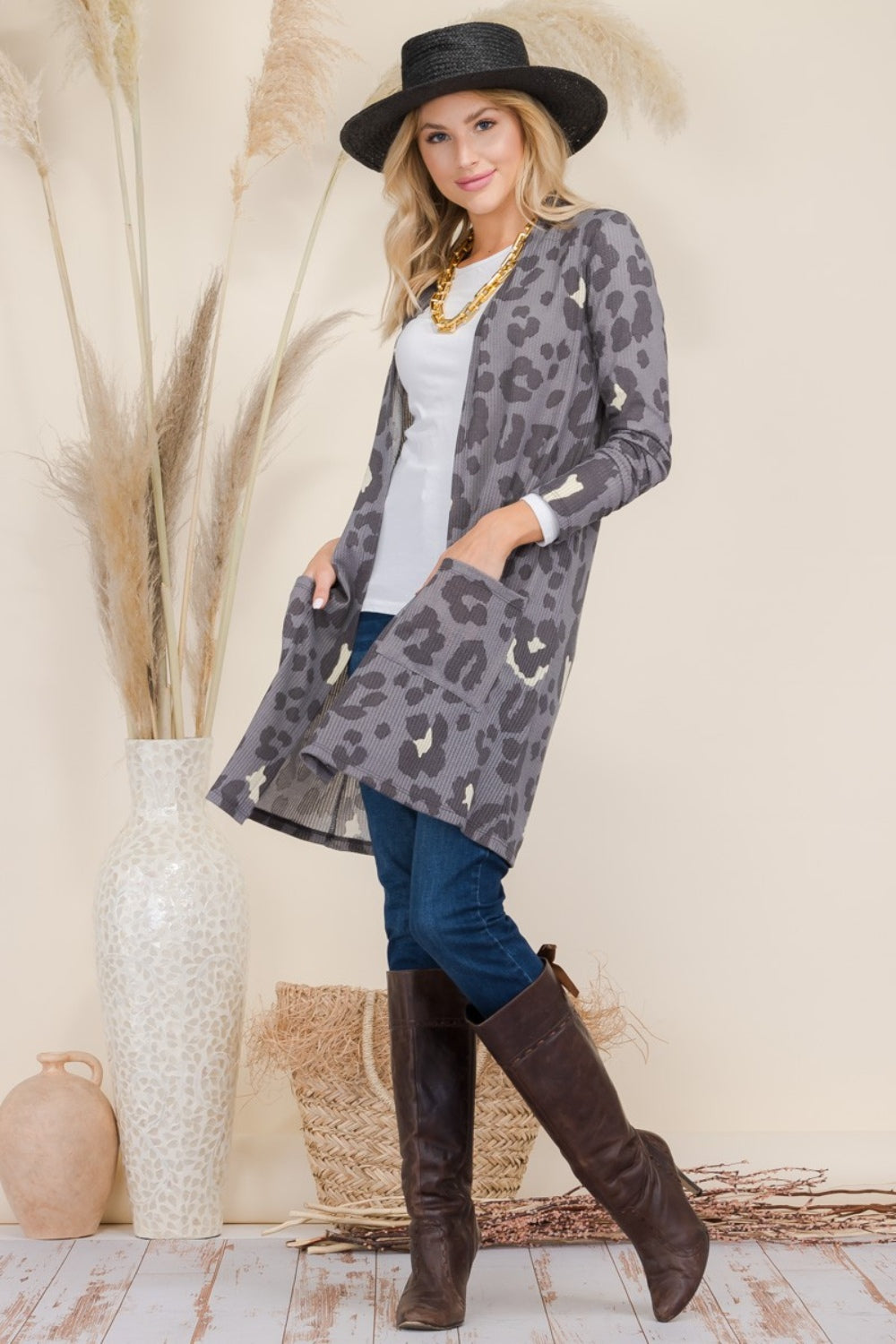 Celeste Full Size Leopard Open Front Contrast Cardigan - UrbanEthereal