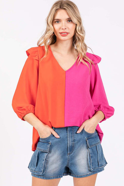 GeeGee Full Size Ruffle Trim Contrast Blouse