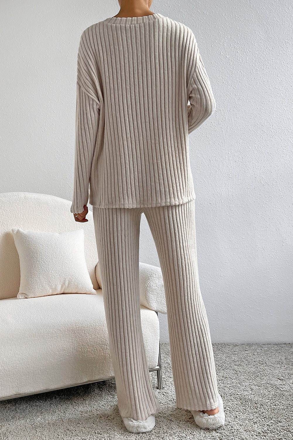 Plus Size Ribbed V-Neck Drop Shoulder Top and Pants Set - UrbanEthereal
