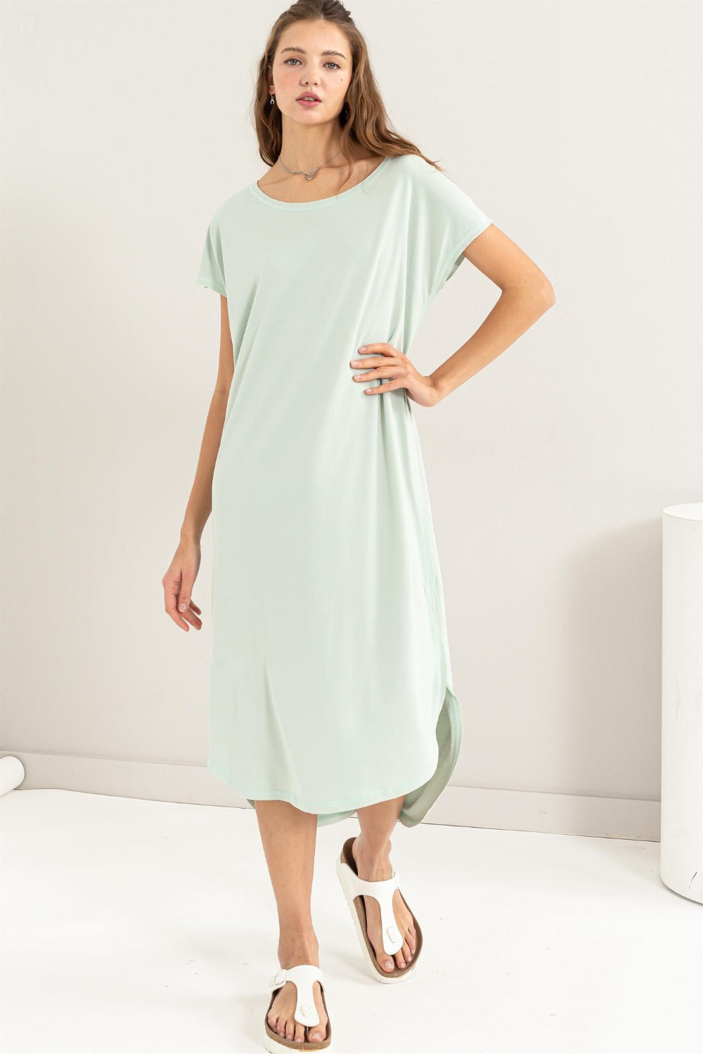 HYFVE Short Sleeve High-Low Slit Midi Dress - UrbanEthereal