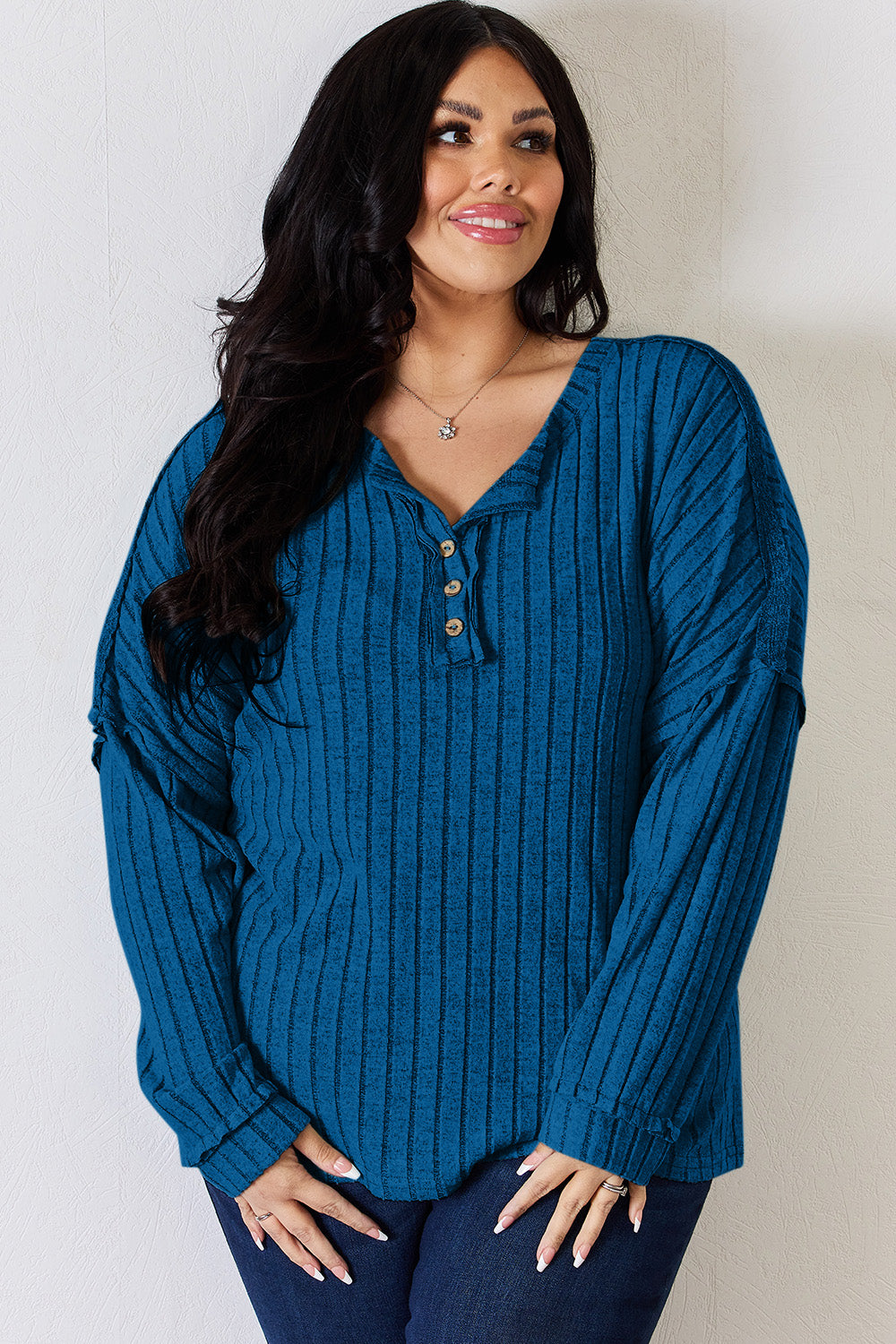 Basic Bae Full Size Ribbed Half Button Long Sleeve T-Shirt - UrbanEthereal