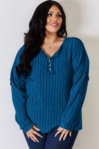 Basic Bae Full Size Ribbed Half Button Long Sleeve T-Shirt - UrbanEthereal