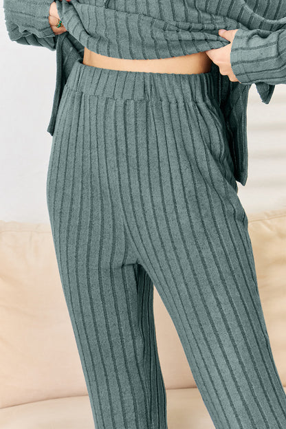 Basic Bae Full Size Ribbed Drawstring Hooded Top and Straight Pants Set - UrbanEthereal