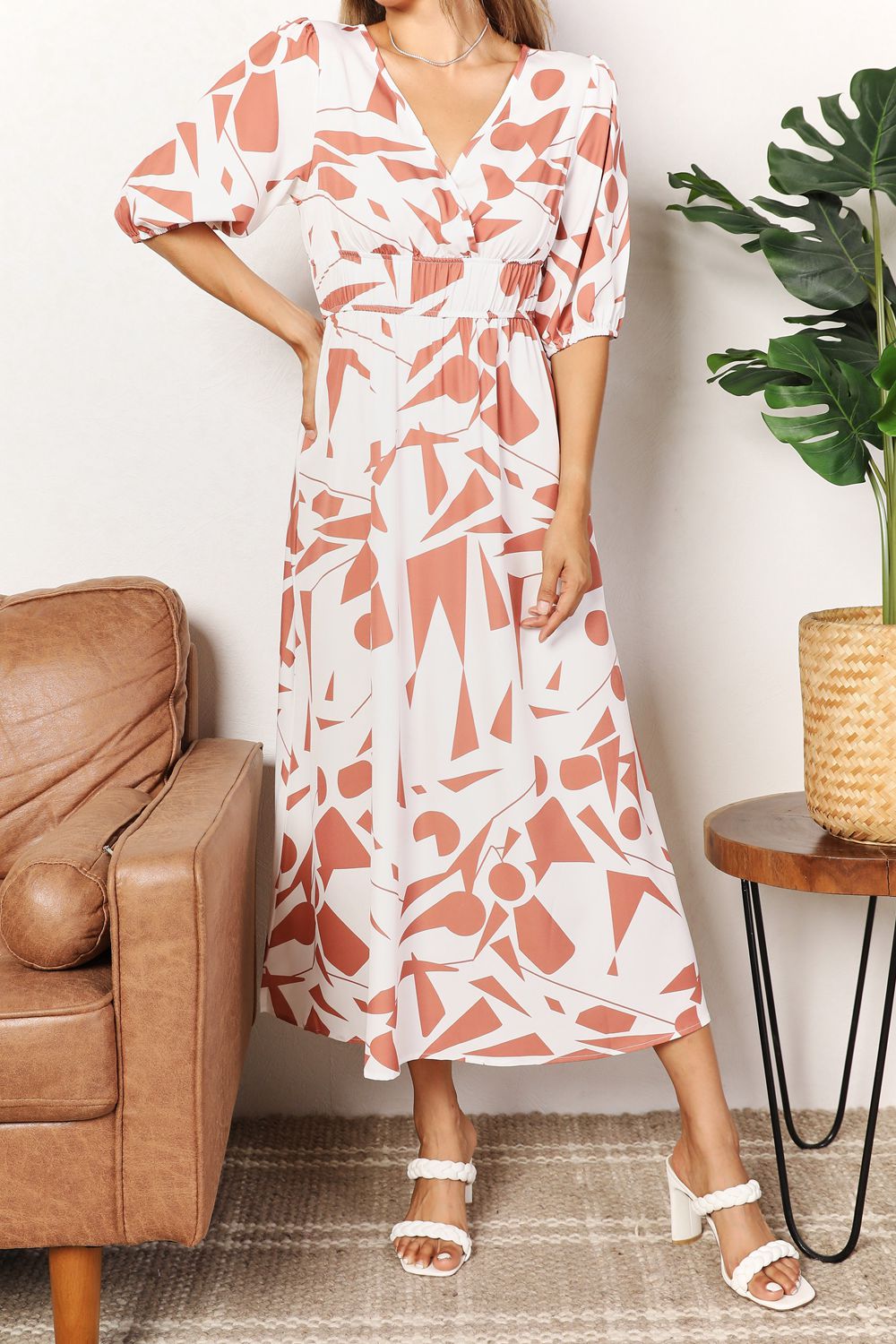 Printed Surplice Balloon Sleeve Dress - UrbanEthereal