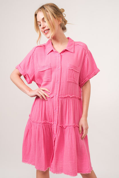 And The Why Full Size Raw Edge Washed Tiered Shirt Dress - UrbanEthereal