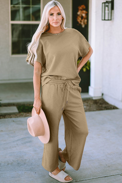 Double Take Full Size Texture Short Sleeve Top and Pants Set - UrbanEthereal