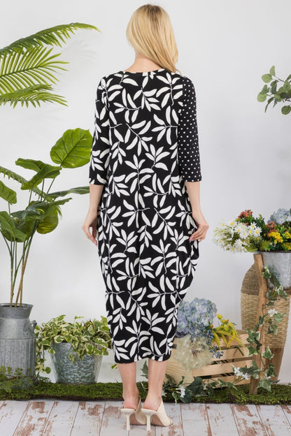 Celeste Full Size Floral Polka Dot Contrast Midi-Dress with Pockets - UrbanEthereal