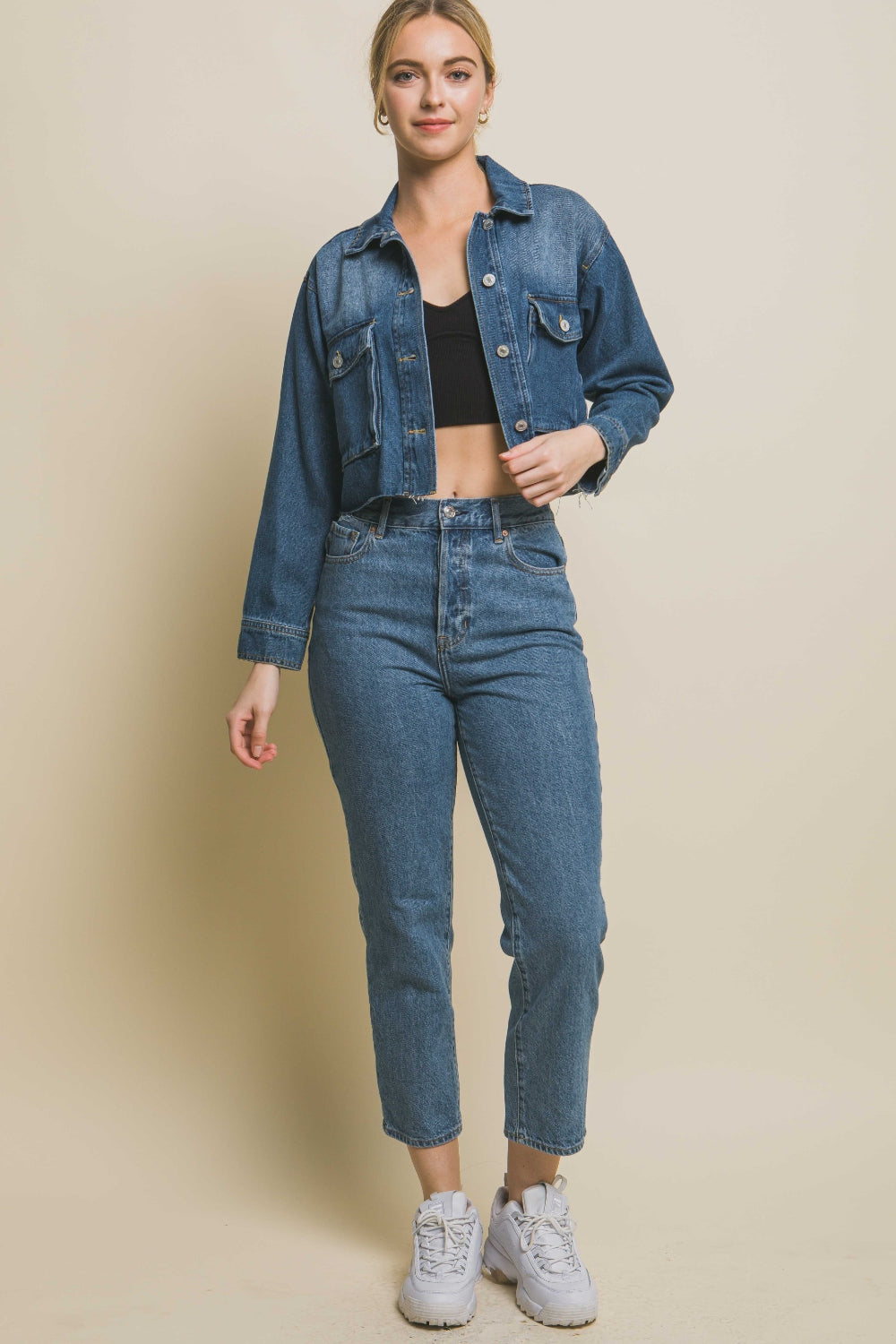 Love Tree Raw Hem Button Up Cropped Denim Jacket - UrbanEthereal