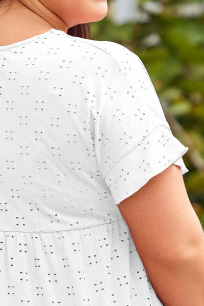 Plus Size Eyelet Round Neck Short Sleeve Blouse - UrbanEthereal