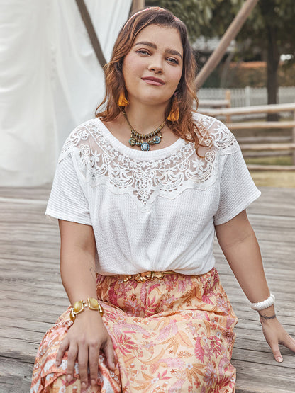 Plus Size Lace Detail Round Neck Short Sleeve Top - UrbanEthereal
