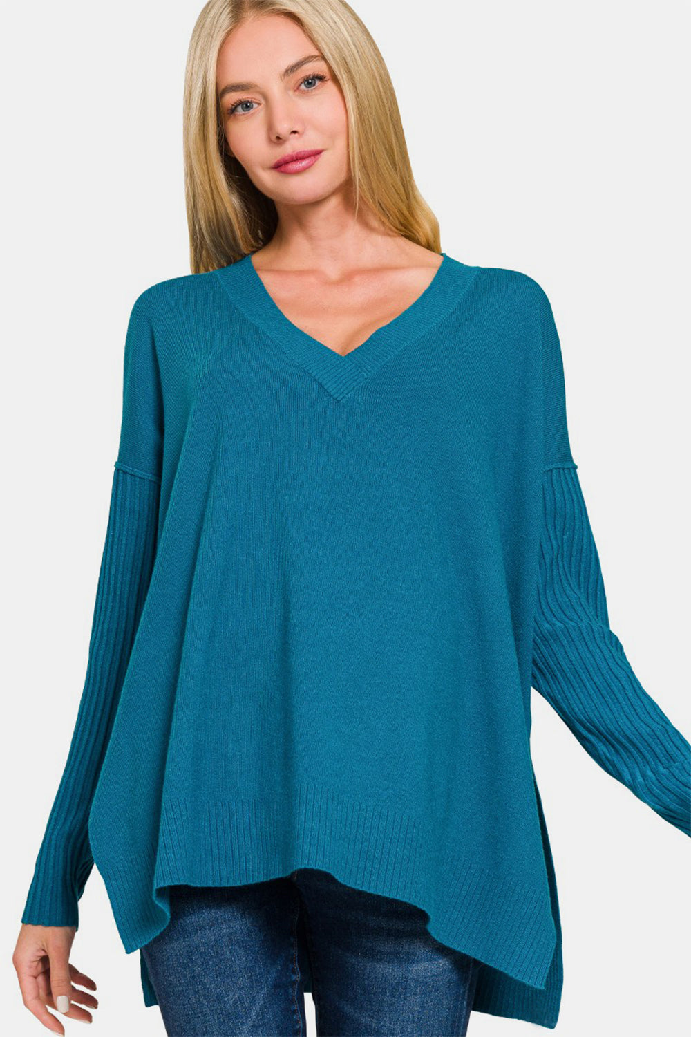 Zenana V-Neck Side Slit High-Low Sweater