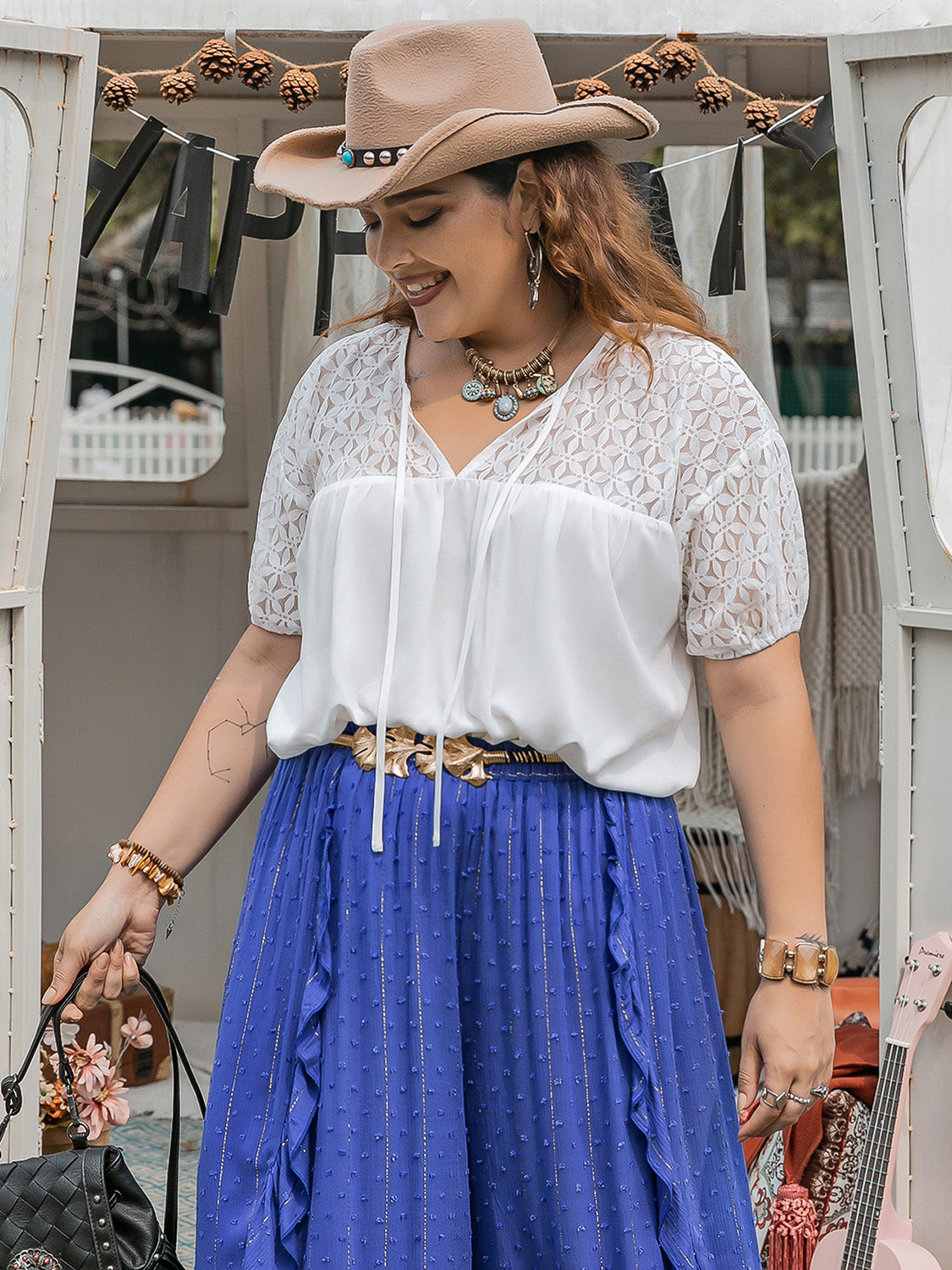 Plus Size Tie Neck Short Sleeve Blouse - UrbanEthereal