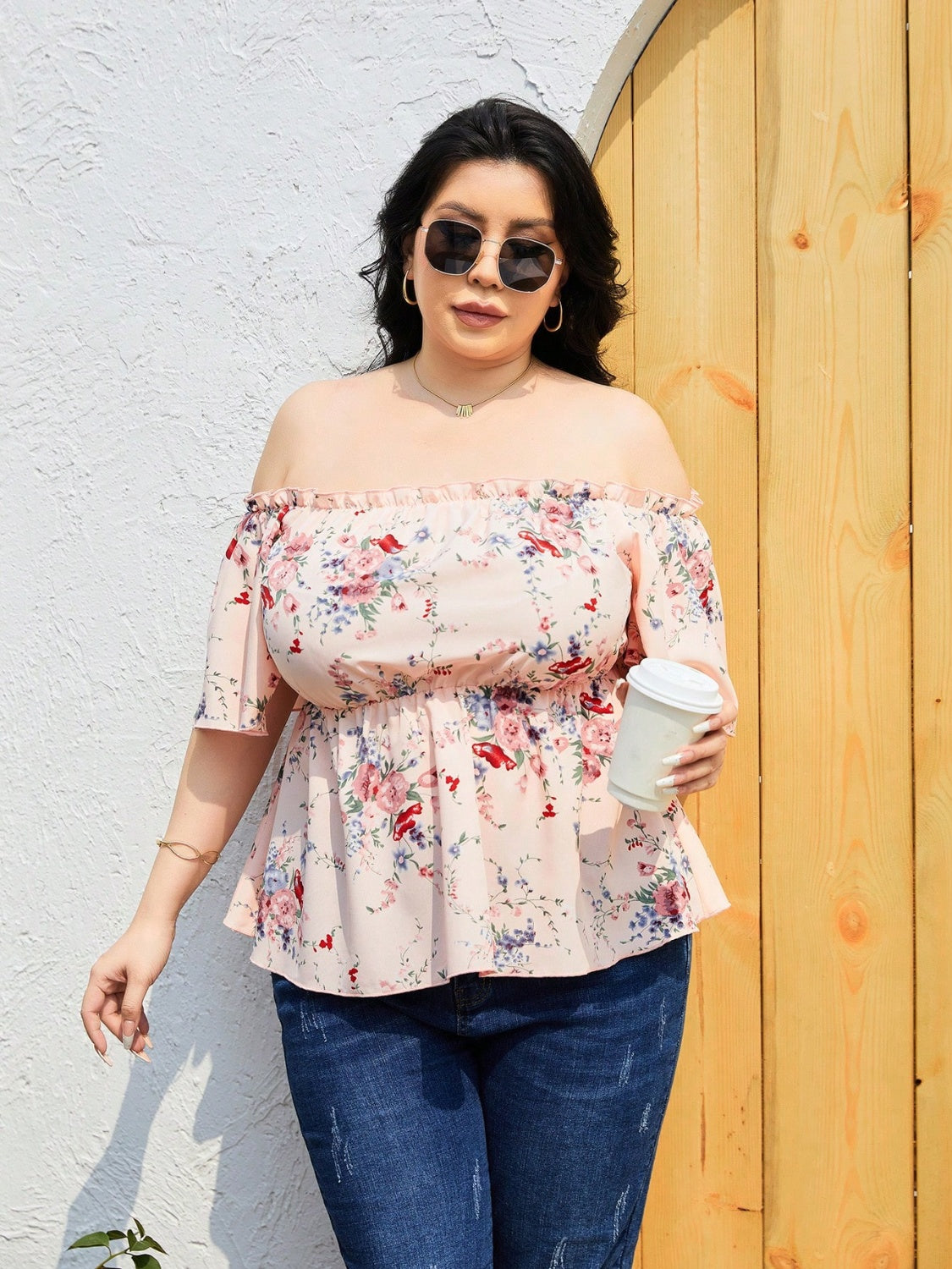 Plus Size Frill Printed Flutter Sleeve Blouse - UrbanEthereal