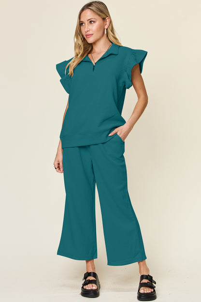 Double Take Texture Ruffle Short Sleeve Top and Drawstring Wide Leg Pants Set - UrbanEthereal