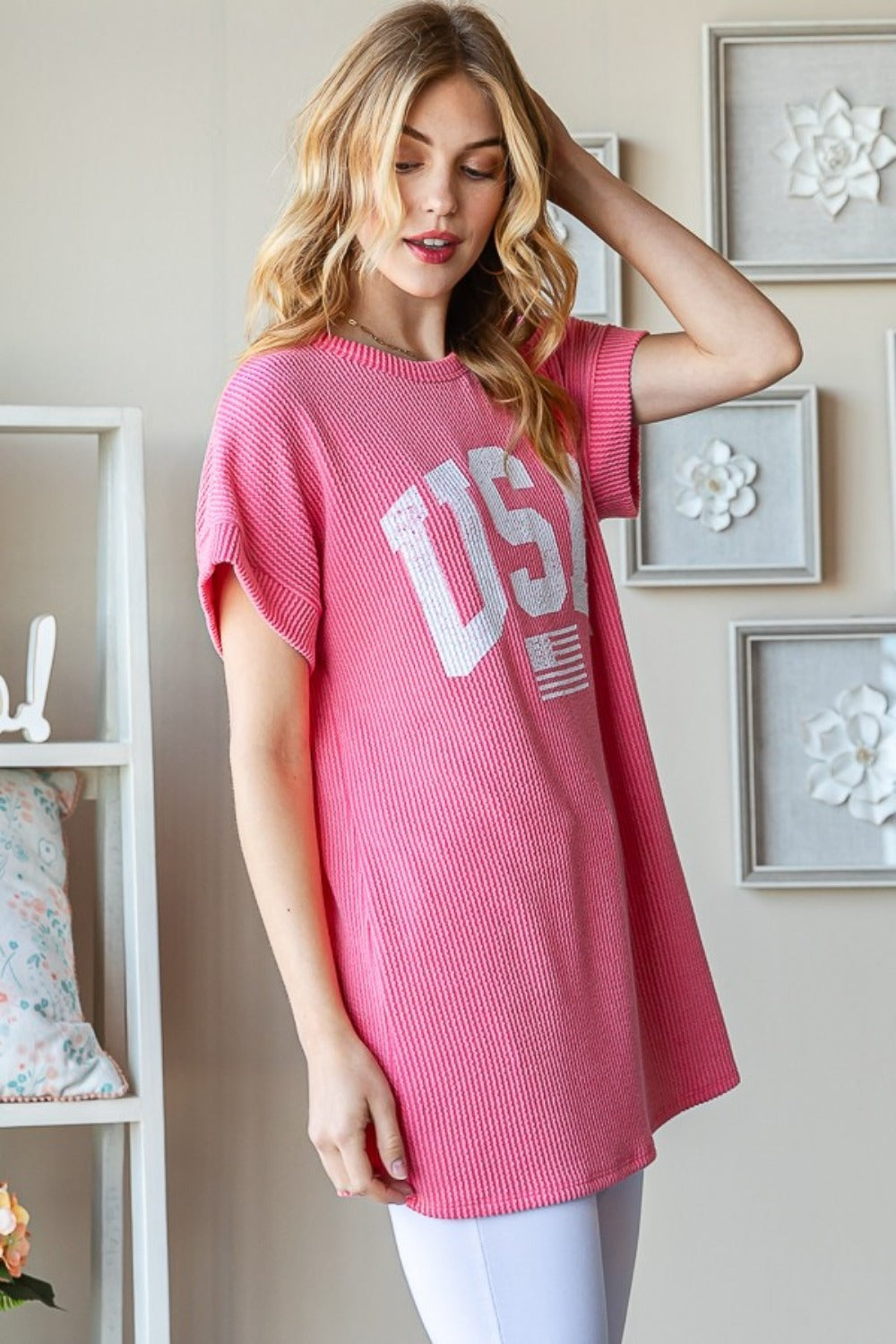 Heimish Full Size USA Graphic Short Sleeve Ribbed Top - UrbanEthereal