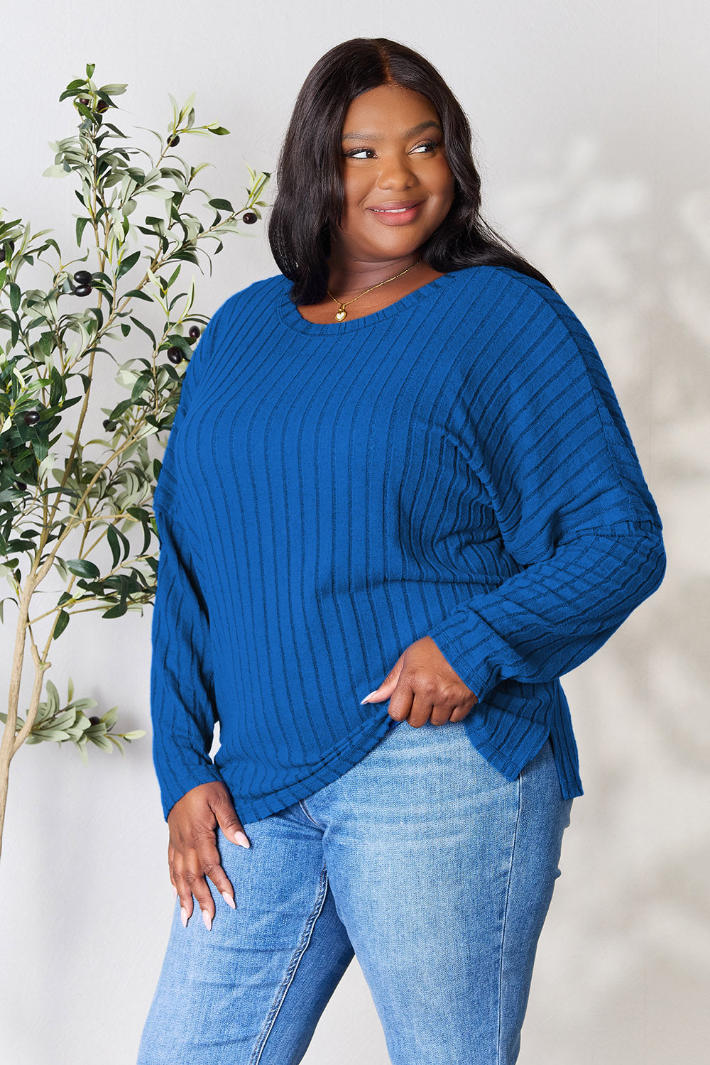 Basic Bae Full Size Ribbed Round Neck Slit Knit Top - UrbanEthereal