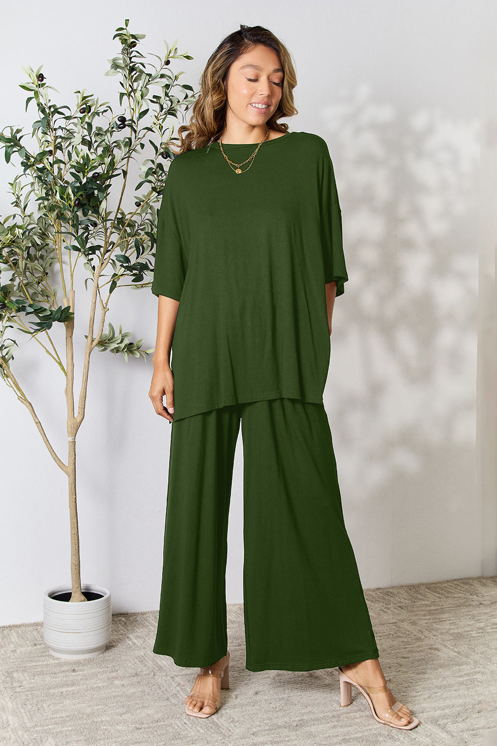 Double Take Full Size Round Neck Slit Top and Pants Set - UrbanEthereal