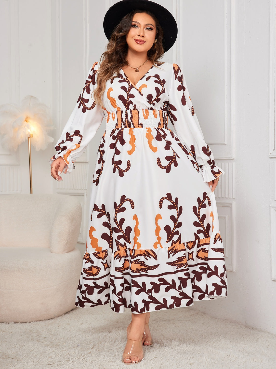 Plus Size Printed Surplice Flounce Sleeve Dress - UrbanEthereal