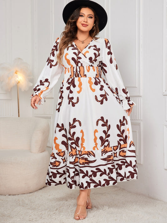 Plus Size Printed Surplice Flounce Sleeve Dress - UrbanEthereal