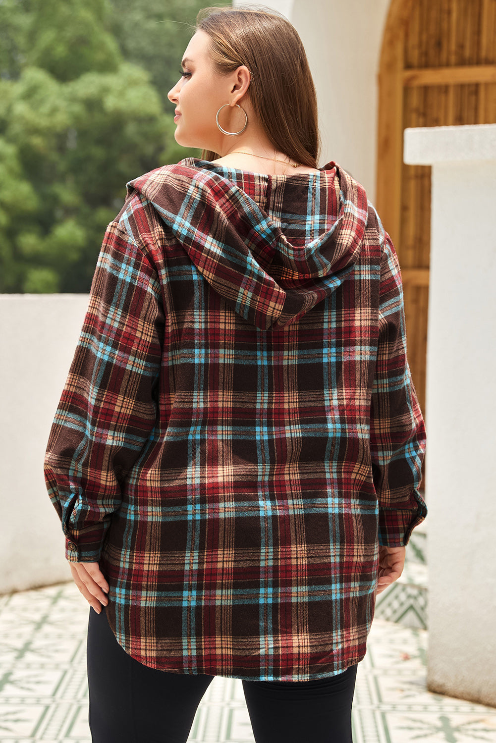 Plus Size Drawstring Plaid Quarter Button Hoodie - UrbanEthereal
