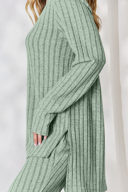 Basic Bae Full Size Ribbed High-Low Top and Wide Leg Pants Set - UrbanEthereal