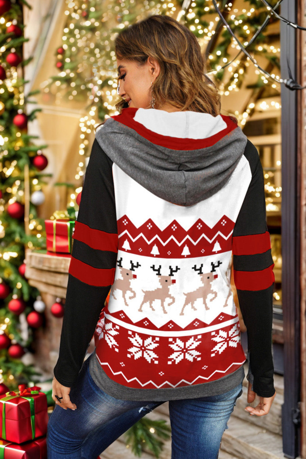 Double Take Full Size Christmas Drawstring Long Sleeve Hoodie - UrbanEthereal