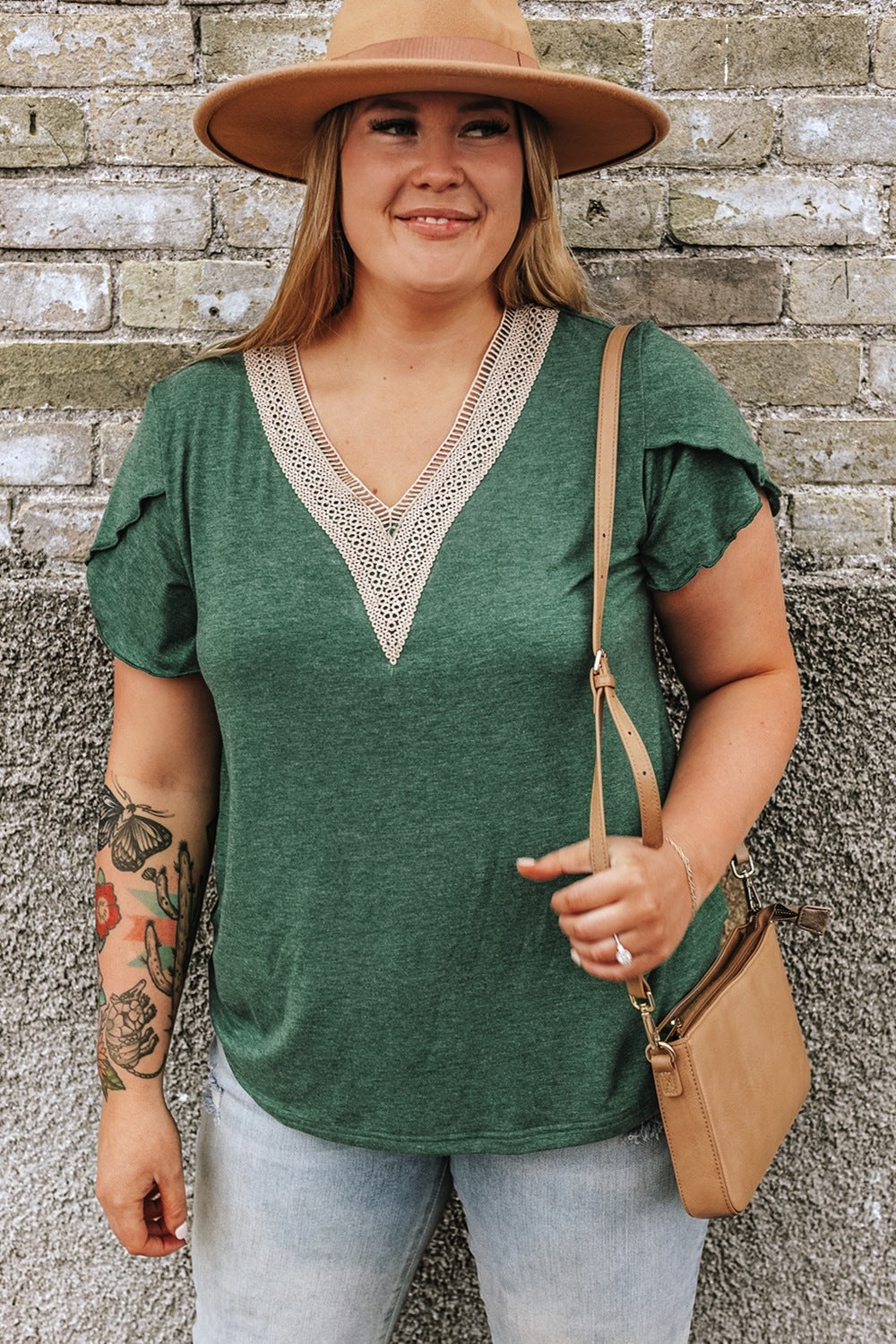 Plus Size V-Neck Petal Sleeve Blouse - UrbanEthereal