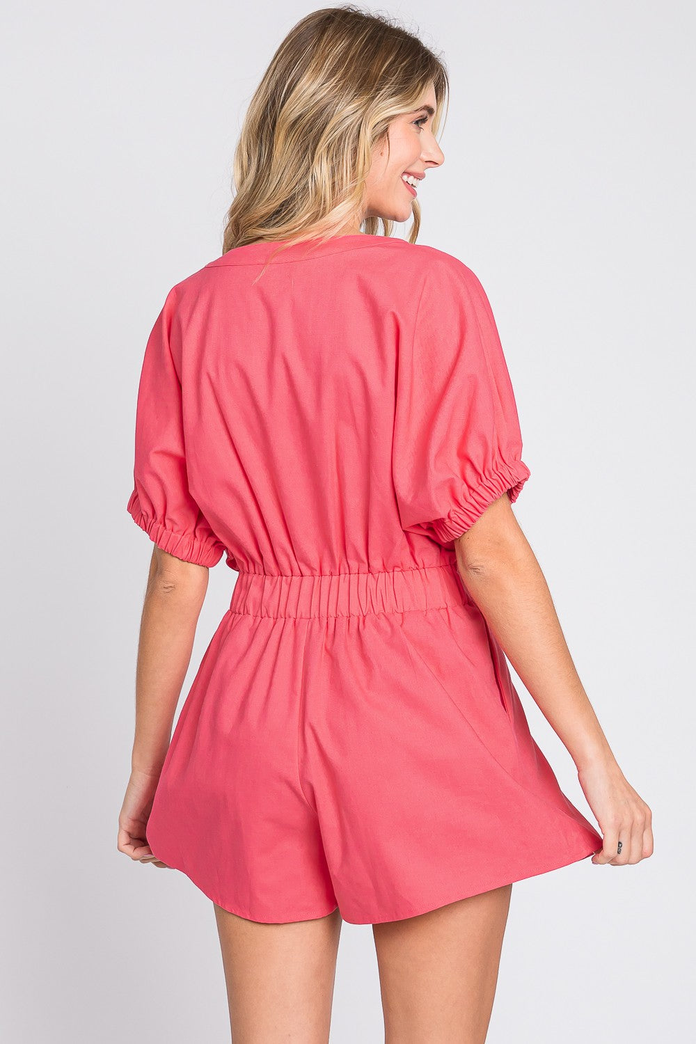 GeeGee Half Button V-Neck Linen Romper - UrbanEthereal