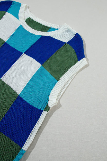 Color Block Round Neck Cap Sleeve Knit Top - UrbanEthereal