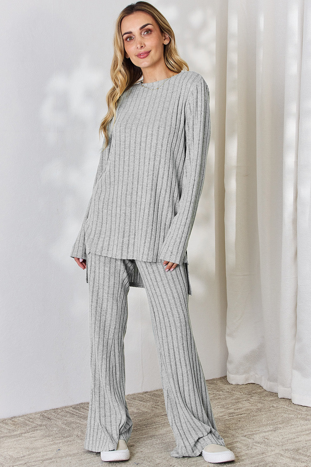 Basic Bae Full Size Ribbed High-Low Top and Wide Leg Pants Set - UrbanEthereal