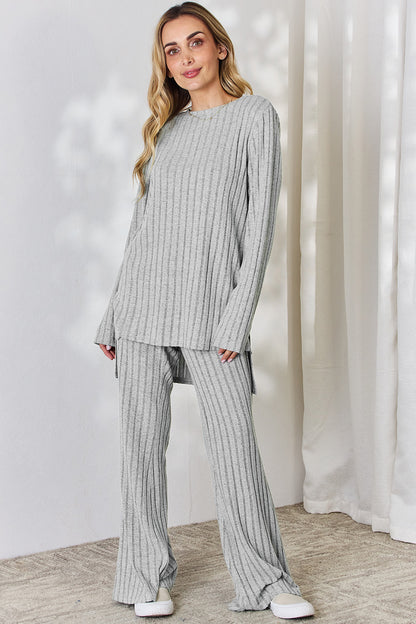 Basic Bae Full Size Ribbed High-Low Top and Wide Leg Pants Set - UrbanEthereal