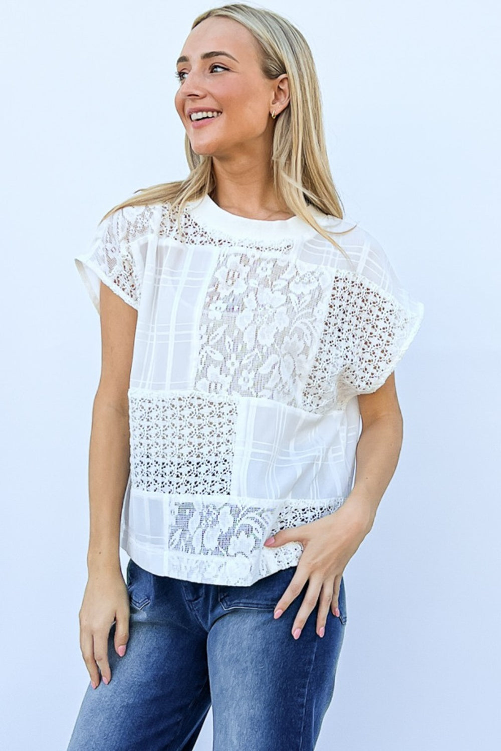 And The Why Lace Patchwork Short Sleeve Top and Cami Set - UrbanEthereal