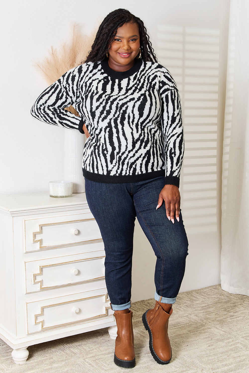 Heimish Full Size Zebra Print Sweater - UrbanEthereal