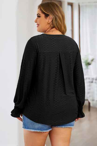 Plus Size Eyelet Notched Flounce Sleeve Blouse - UrbanEthereal