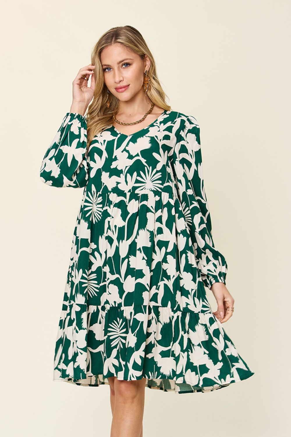 Double Take Full Size Printed Ruffle Hem Dress with Pocket - UrbanEthereal