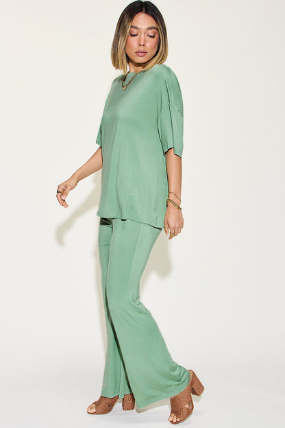 Basic Bae Full Size Bamboo Drop Shoulder T-Shirt and Flare Pants Set - UrbanEthereal