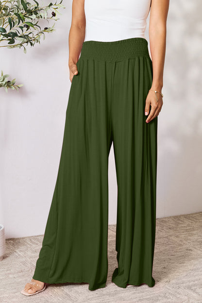 Double Take Full Size Smocked Wide Waistband Wide Leg Pants - UrbanEthereal