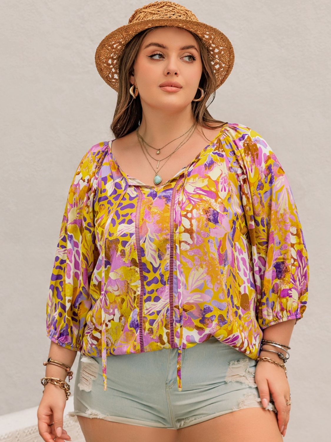 Plus Size Printed Tie Neck Blouse - UrbanEthereal