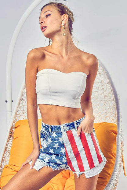 BiBi US Flag Theme Bleached Denim Shorts - UrbanEthereal